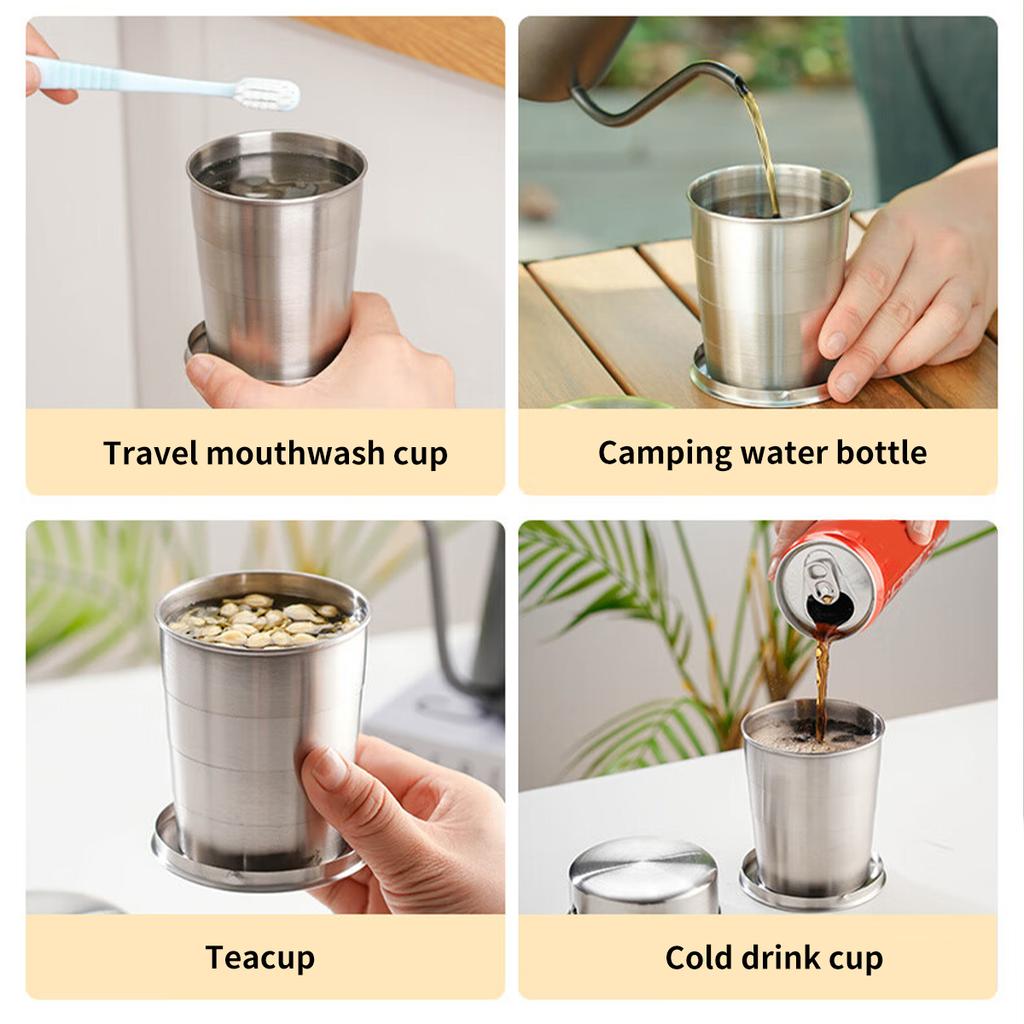 304 Nerezový skládací hrnek Přenosný kempingový teleskopický hrnek Cestovní hrnek Zatahovací skládací hrnek s klíčenkou