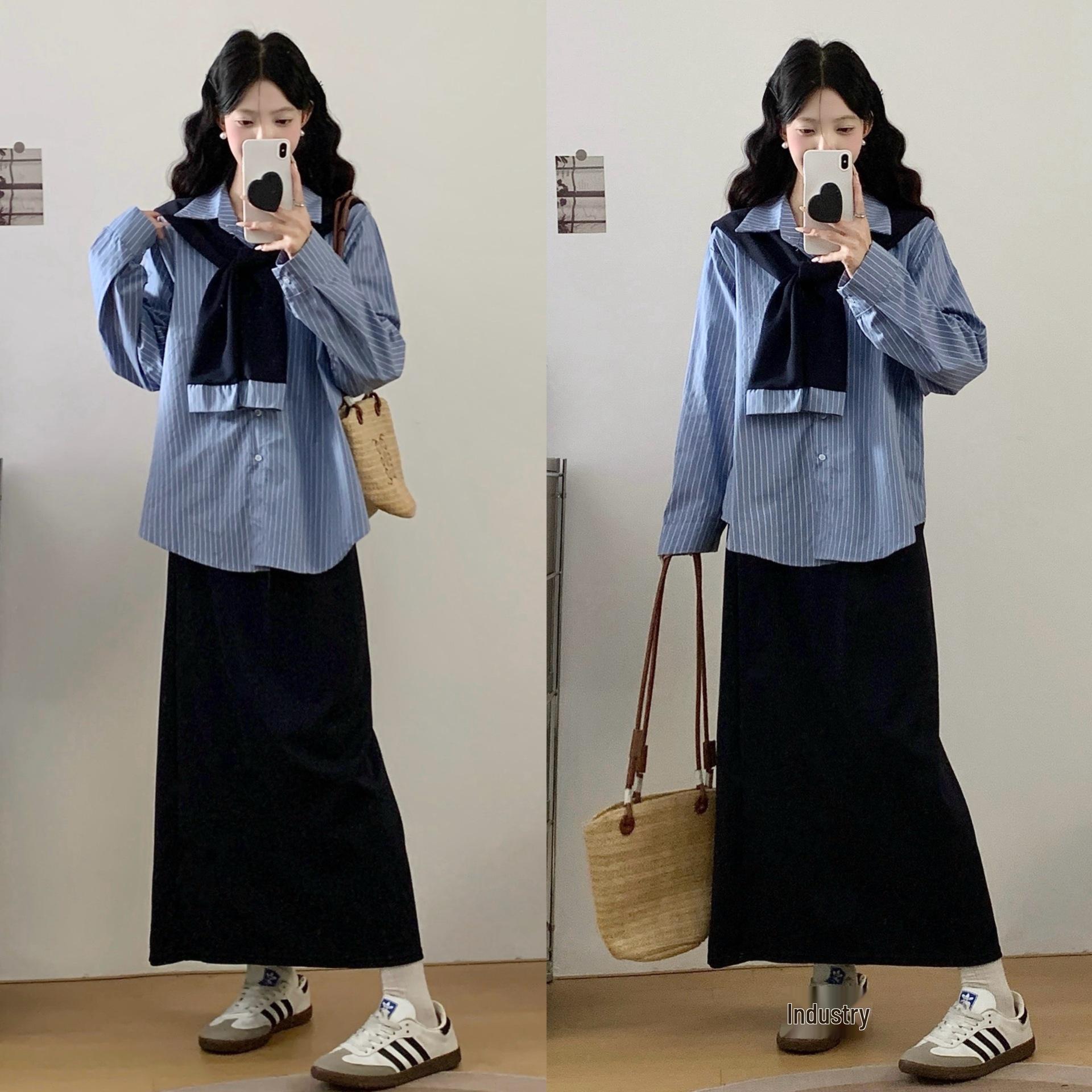 

Plus Size Retro Korean Blue Striped Shirt, Shawl, and Skirt 3-Piece Set for Spring/Autumn. L