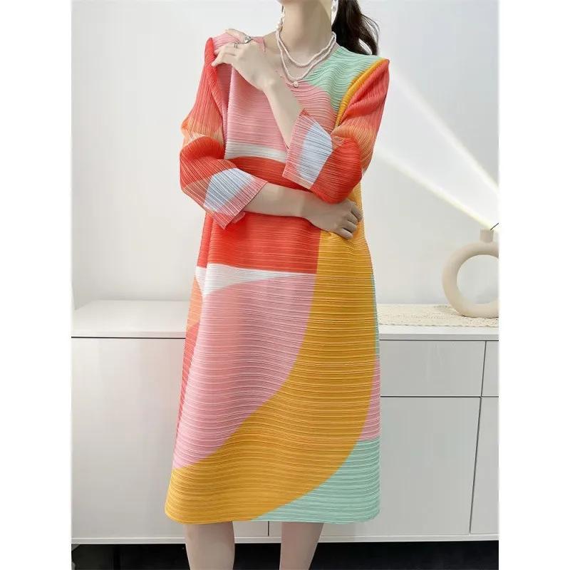 

Women s Dresses Evening Dresses Beautiful Printed Pleated Dress Summer Age Plus Size Loose Mid-year Long Female Skirt One Size помаранчевий