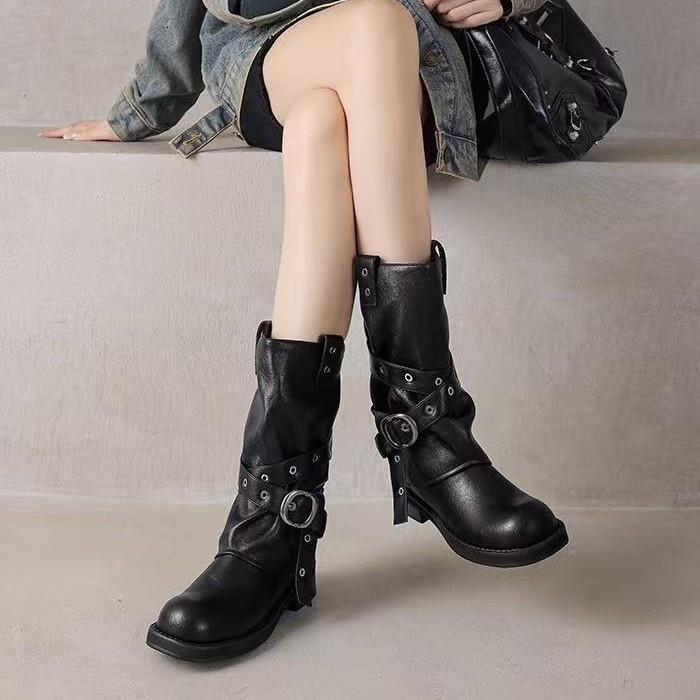 

Версия из коровьей кожи~ Пустошь ветер толстый каблук ботильоны женские ботинки Майя из натуральной кожи западные ковбойские ботинки средние рыцарские ботинки 40 чёрный