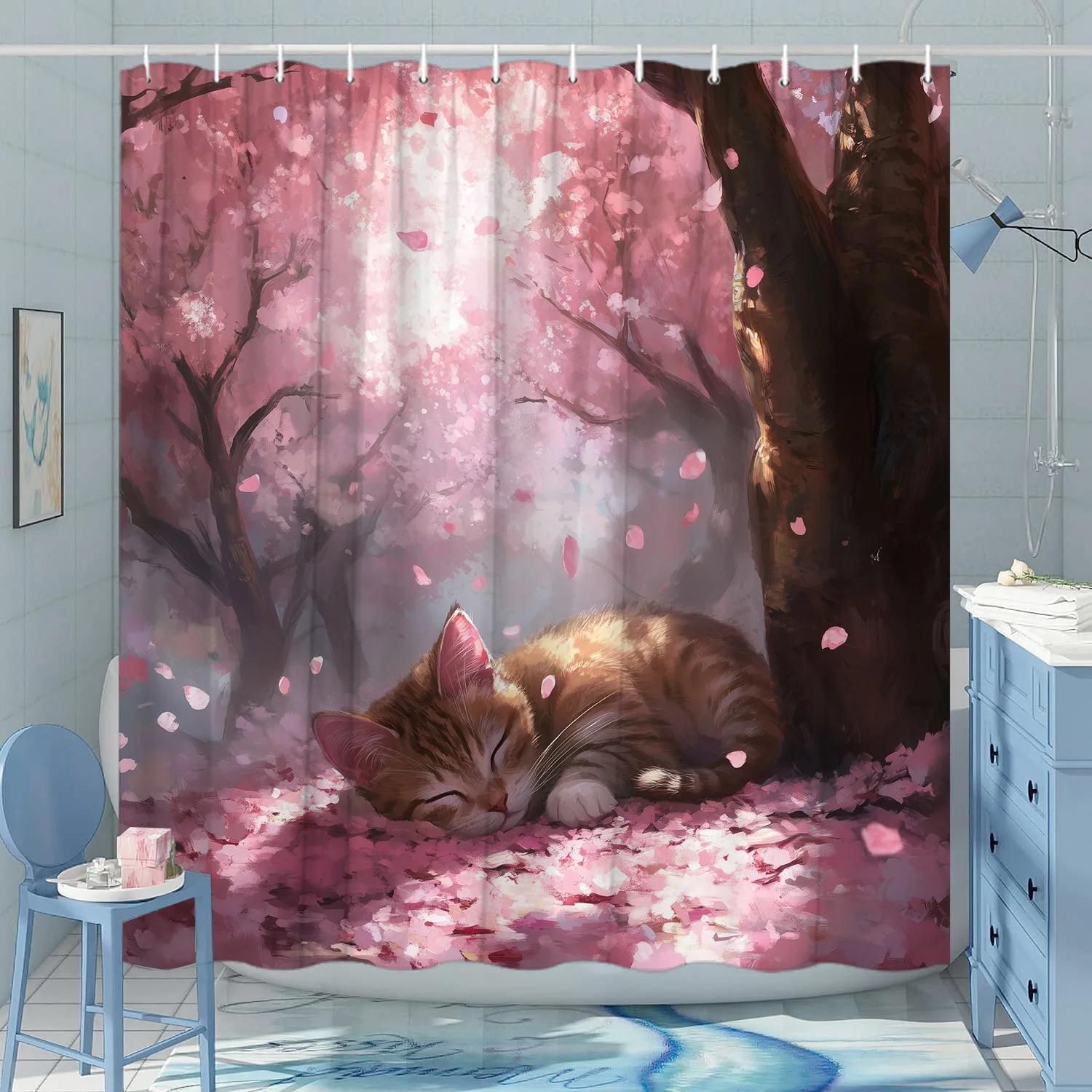 

Cherry Blossom Forest With Fox Shower Curtain - Water-Resistant, Easy To Clean, Adds A Dreamy And Enchanted Touch W60H190(CM)-1 Pcs