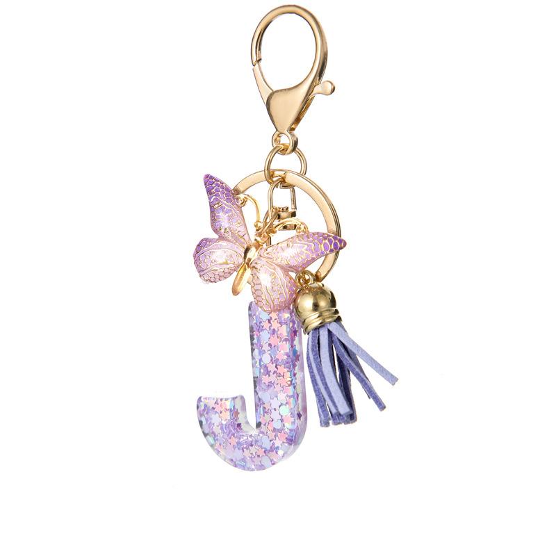 A-Z Alphabet Resin Keychain Purple Butterfly Tassel Pendant Classic Retro Durable Women Bag Accessory Practical Backpack Hanging Charm