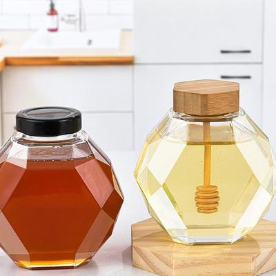 Hexagonal Glass Honey Bottle with Wooden Stirring Rod Honey Packaging Bottle Kitchen Honey Bottle Container Honey Jar