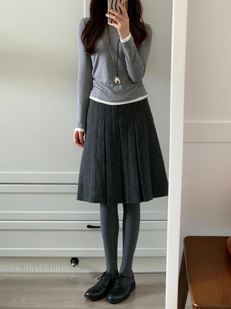 Women's High Waist Gray Wool Pleated Midi Skirt - Autumn/Winter Korean A-Line Style