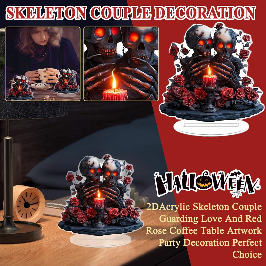 2DAcrylic Skeleton Couple Guarding Love And Red Rose Coffee Table Artwork Party Decoration Perfect Choice