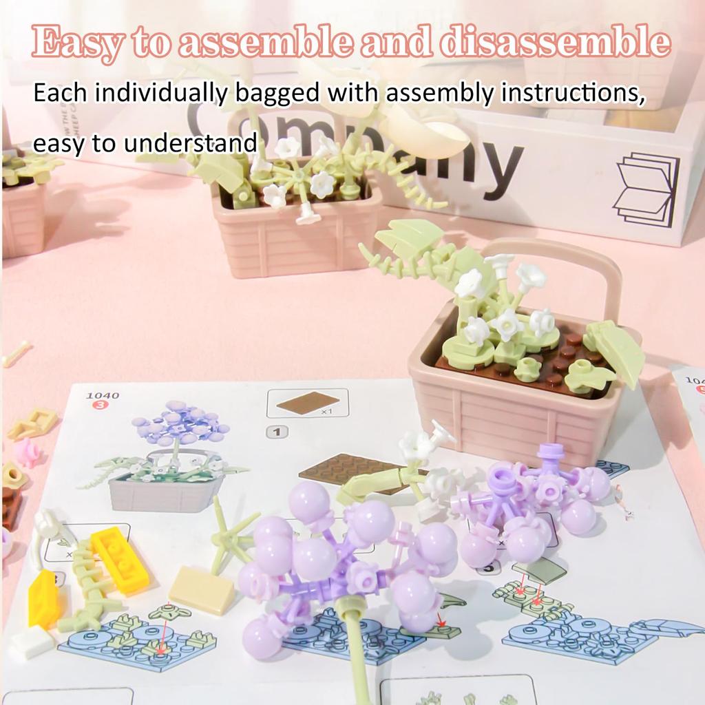 WALWAL Mini Blumen-Bonsai-Block-Set Niedlicher Topfblumenkorb Zusammengebaute künstliche Grünpflanzen Perfekt für Schreibtische und Raumdeko