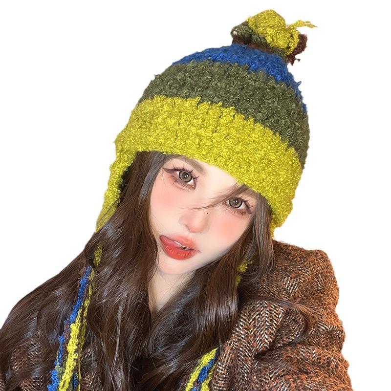 Hat Women's Autumn and Winter Big Head Circumference Warm Lei Feng Hat Wool Circle Velvet Ear Protection Knitted Cold Hat Striped Wool Hat