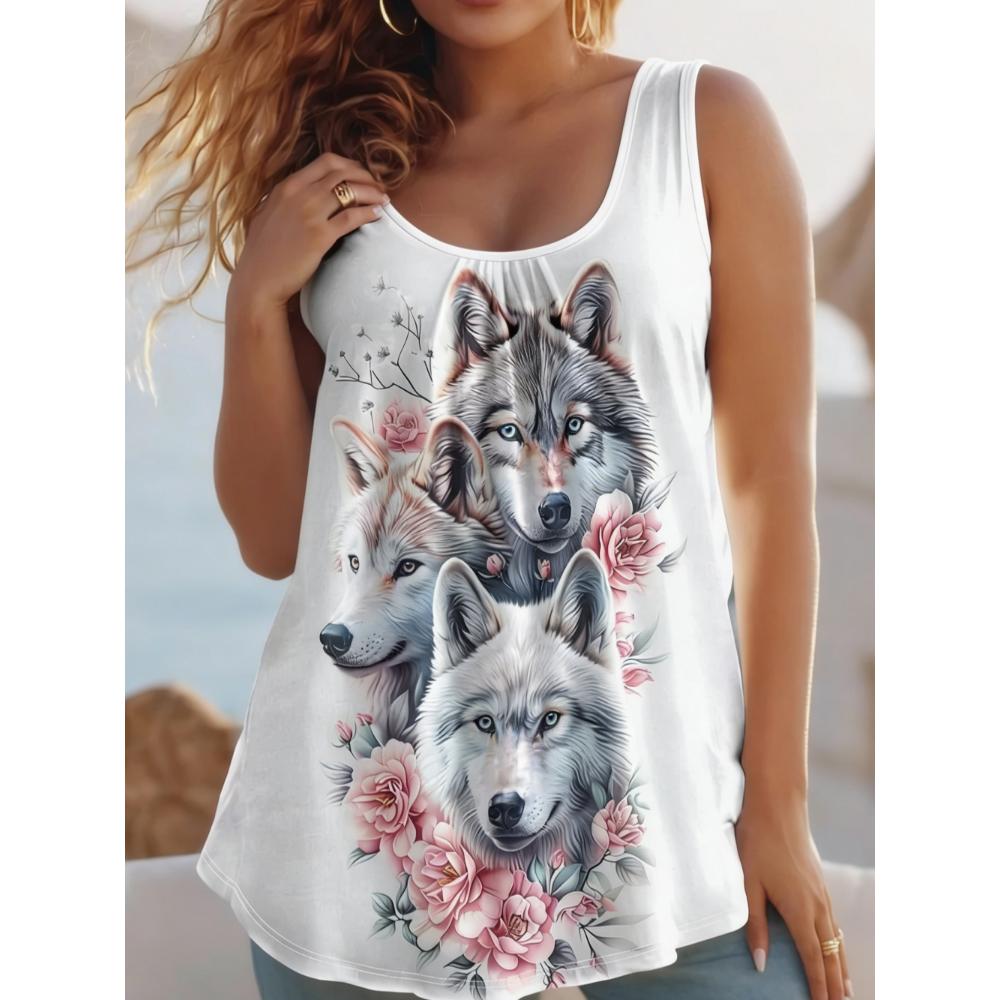 Summer Women's Large Size 3D Printing Flower Tiger Cat Vest Loose Fashionable Comfortable Soft Breathable O Neck Sleeveless Vest