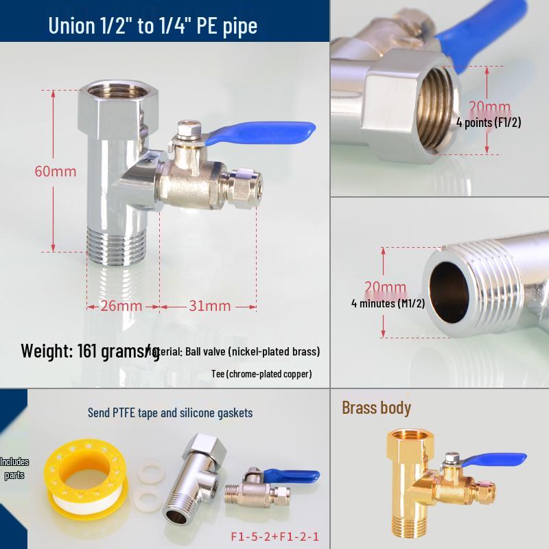 Household Water Purifier Tee Connector 4 to 2 Point Ball Valve for Filter and Dispenser