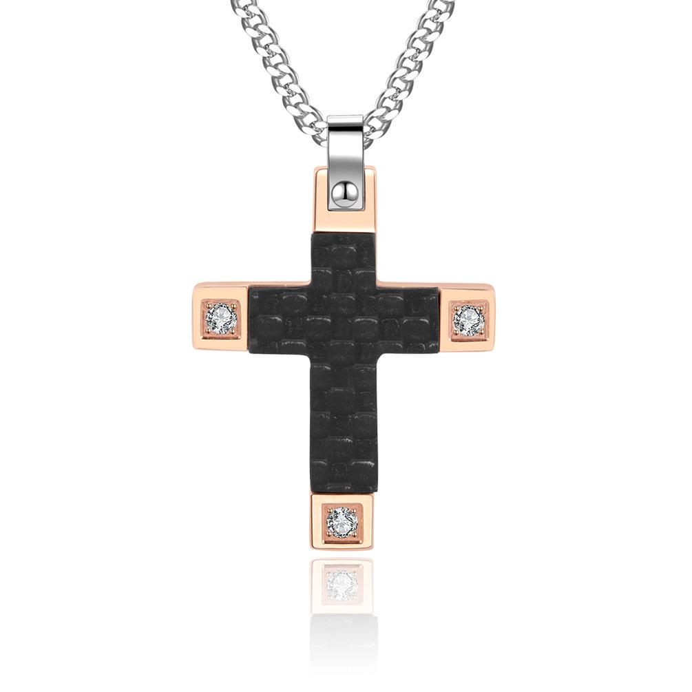 New Jewelry Stainless Steel Men s Pendant Personalized Carbon Fiber Rose Gold Titanium Steel Cross Necklace