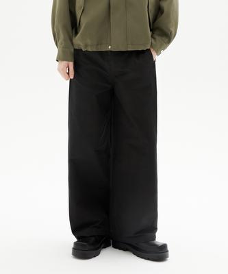 TRILLION Side Tuck Snap Button Wide Cotton Pants (Black)