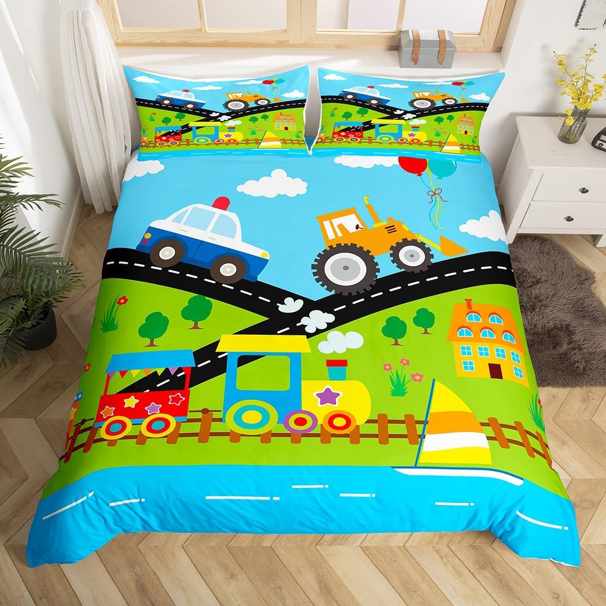 

Comforter Colorful Cartoon Car Twin King Train Truck Police Car Print Cartoon Vehicle Bedding Set For Boy Teen Comforter (quilt)-EU Single(135*200cm)3pcs