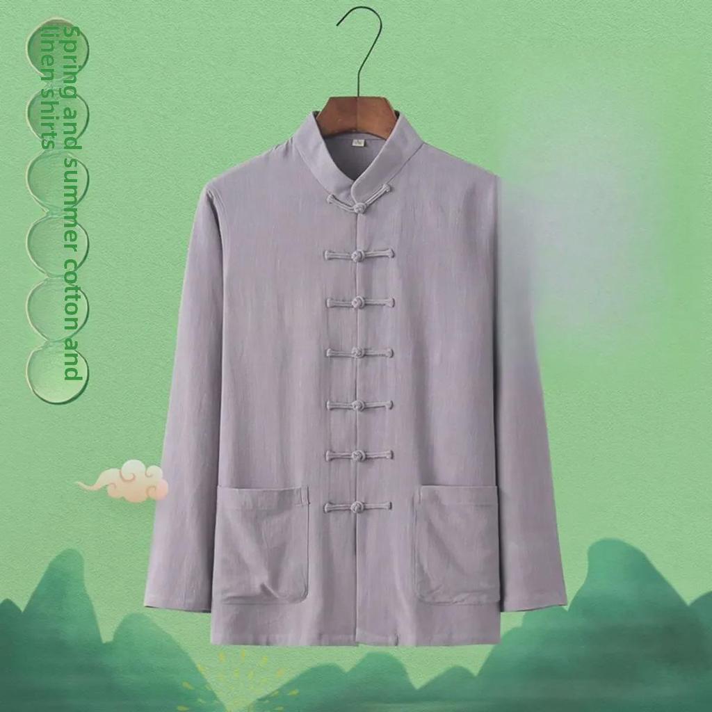 Herre Vår/Sommer Bambus Bomull Lin Tangdrakt Skjorte - Langermet, Casual Retro Kung Fu Tai Chi Stil