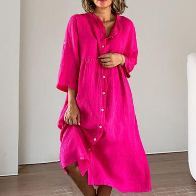 Women Button Down Tunic Dress Casual 3/4 Sleeve Crew Neck Midi Dress Summer Beach Vacation T-shirt Dress