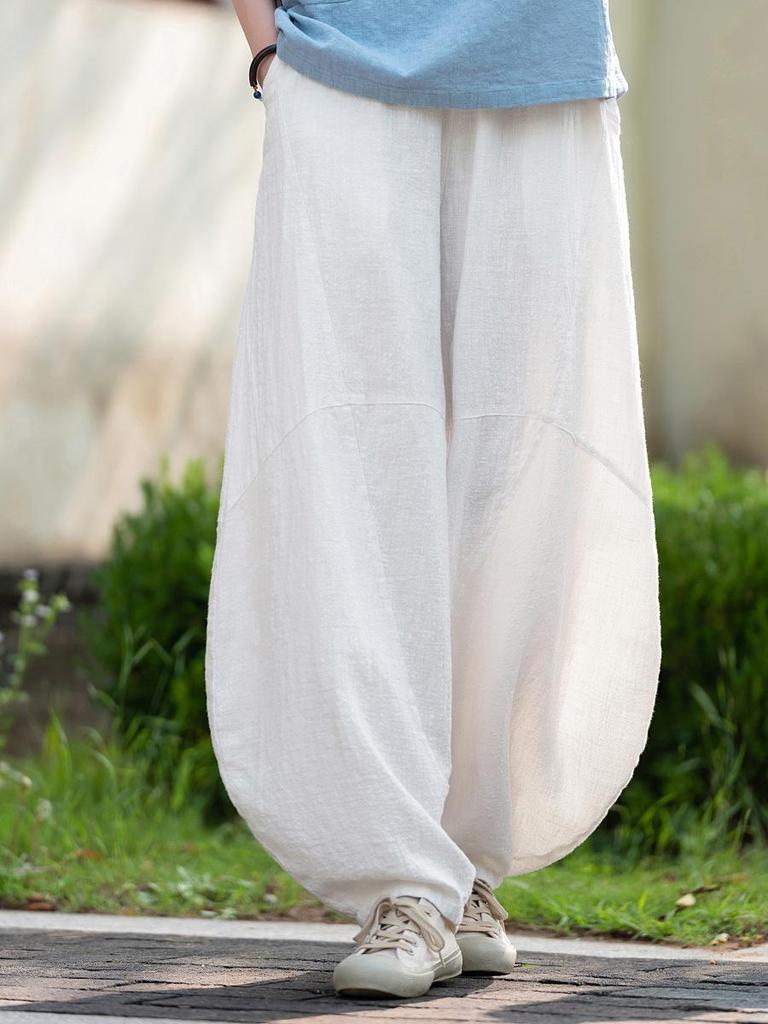 Women's Retro Ramie Sand-Washed Distressed Loose Lantern Pants for Meditation and Tai Chi