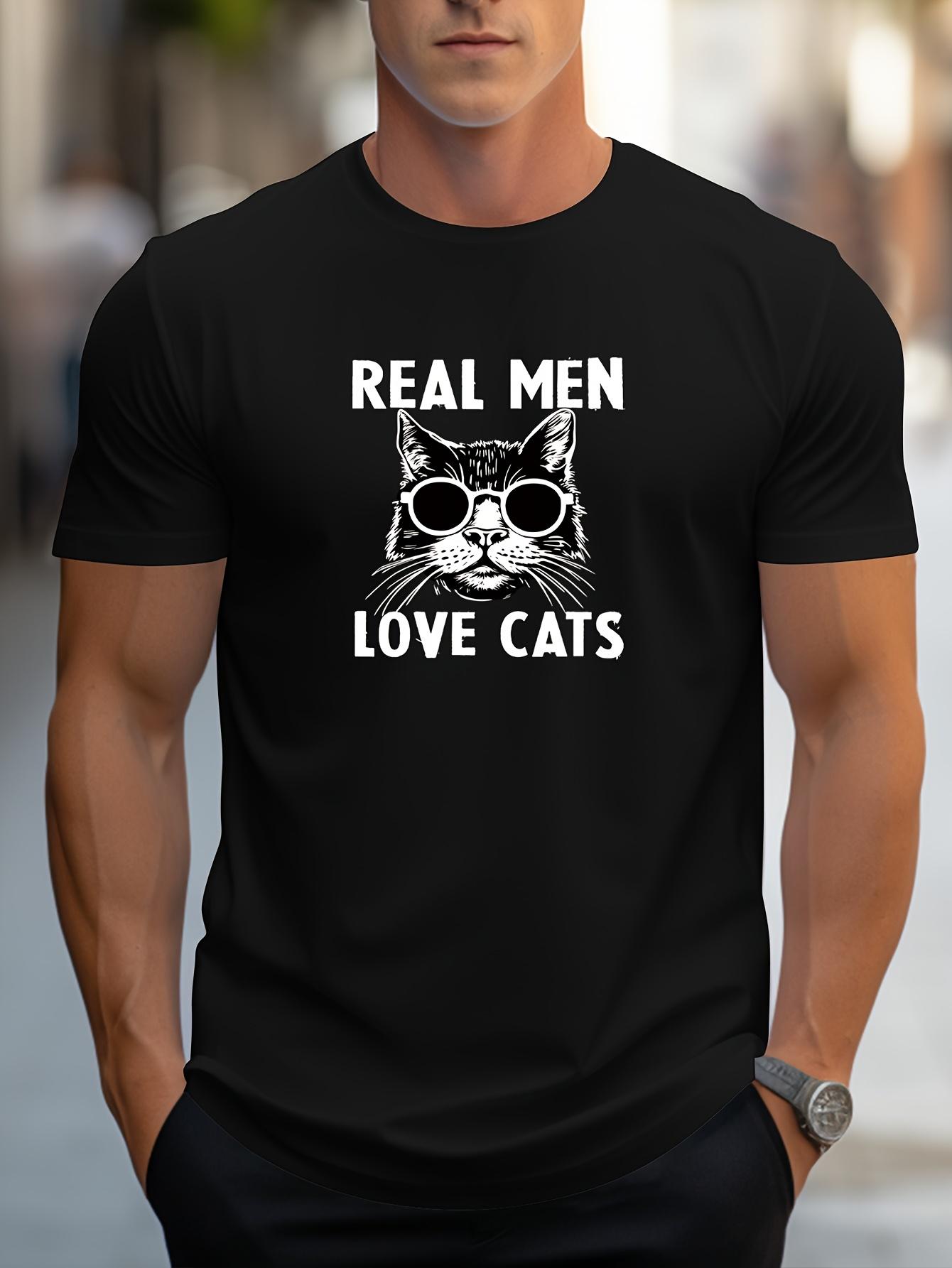Mens casual shortsleeved roundneck Tshirt Black and white cat pattern Real Men Love Cats slogan print A fun gift S