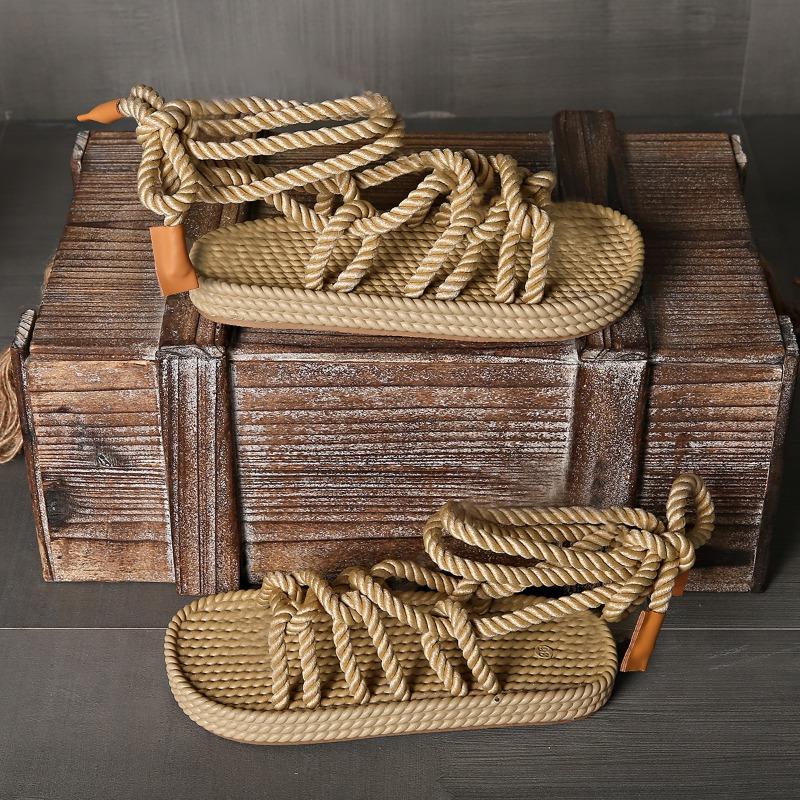 Summer Women's Flat Sandals Ankle Strap Hemp Rope Low Heel Retro Roman Sandals Leisure Beach Vacation Open Toe Women's Shoes