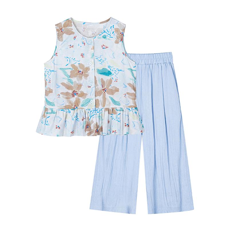 Fuluomi Girls' Floral Sleeveless Top & Wide-Leg Pants Set