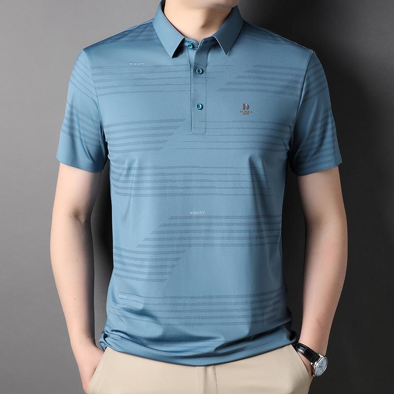 Summer Men's Thin T-shirt Middle-Aged New Striped Lapel Short Sleeve Trendy Korean Casual Polo Shirt