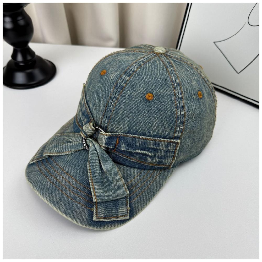 Vintage Distressed Washed Denim Bow Baseball Cap for Women All-Season Casual Sweet Sun-Protective Shade-Providing Hat