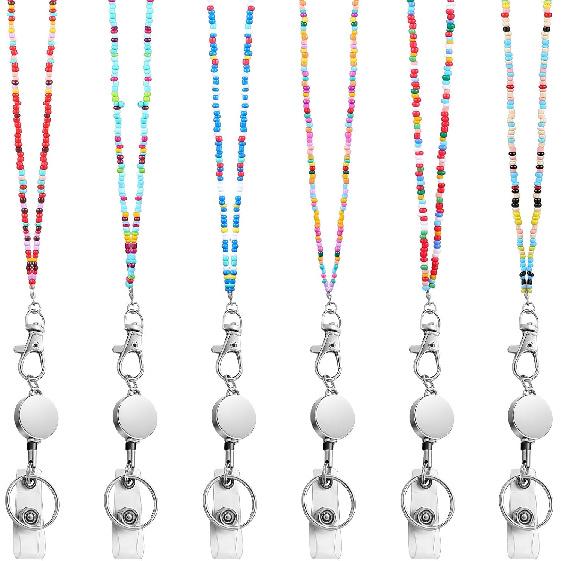 Chinco 6 Pcs Lanyards for ID Badges and Keys Bohemian Retractable Beaded Teacher Lanyard with ID Holder for Women