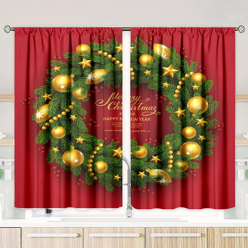 2 Pieces of Christmas and New Year Wreath Printing Curtain - Polyester Material - Suitable for Bedroom Living Room Study Ro