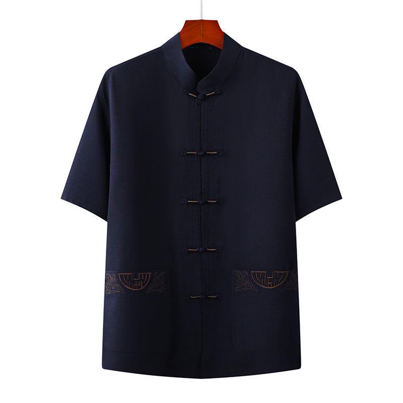 Men's Summer Chinese Style Short-Sleeve Tang Suit Set - Cotton & Linen Casual Tai Chi Outfit for Middle-Aged & Elderly