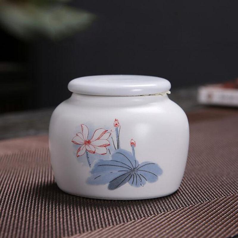 Porcelain White Color Chinese Style Lotus Pattern Sealed Storage Tea Jar Travel Easy to Carry Power Spice Tea Box Teaware