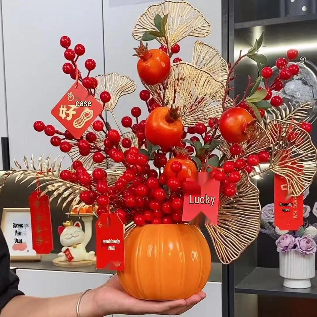 Luxurious Chinese-Style Pomegranate Fruit Arrangement: Faux Red Berries & Flowers for Living Room or Restaurant Decor