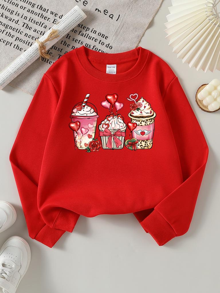 Valentine's Day Fashion Girls' Polyester Long-Sleeve Crewneck SweatshirtLove Cupcakes Hearts Roses Wings Soft