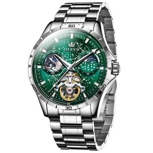 OLEVS Pánské automatické mechanické hodinky Starry Sky Dial Kožený řemínek Vodotěsné pánské hodinky Black
