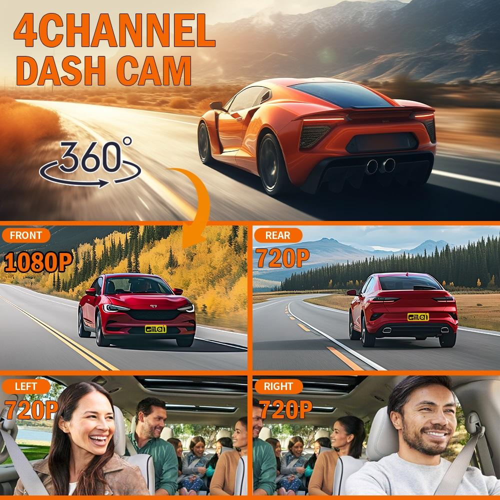 Cámara de salpicadero para coches 4 canales Caja negra WiFi Cámara de conducción FHD 1080P Visión nocturna Grabación en bucle Accesorios para coche