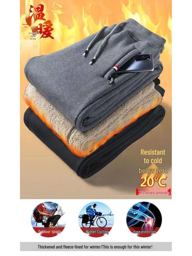 Pantaloni cu fermoar din lână de miel de iarnă pentru bărbați: Extra Gros, Larg cu Picior Drept pentru Căldură, Potrivit pentru Tineri, Persoane de Vârstă Mijlocie și Vârstnici