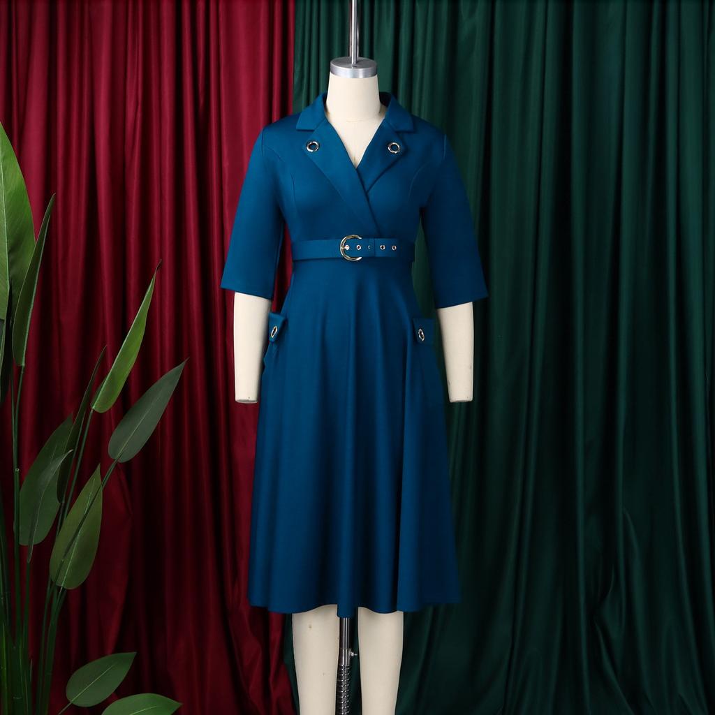 Abiti Eleganti 2026 Moda Scollo a Tacca Cintura in Vita Taglie Forti Pieghettato Lunghezza Media Abito da Festa