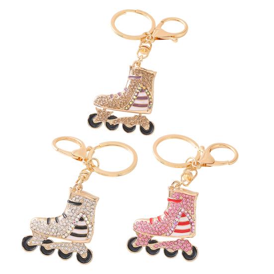 Rhinestone Striped Roller Skates Keychain Alloy Key Ring Backpack Schoolbag Hanging Decoration Bag Charm Purse Pendant