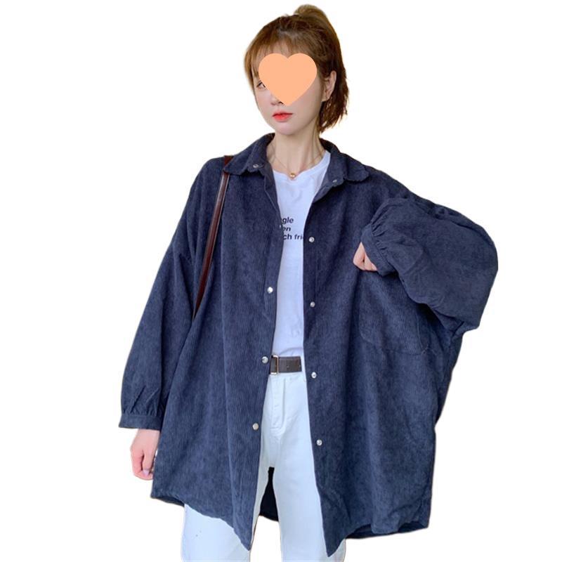 Women's Retro Korean-Style Corduroy Shirt - Long Sleeve, Loose Fit, Hong Kong Chic