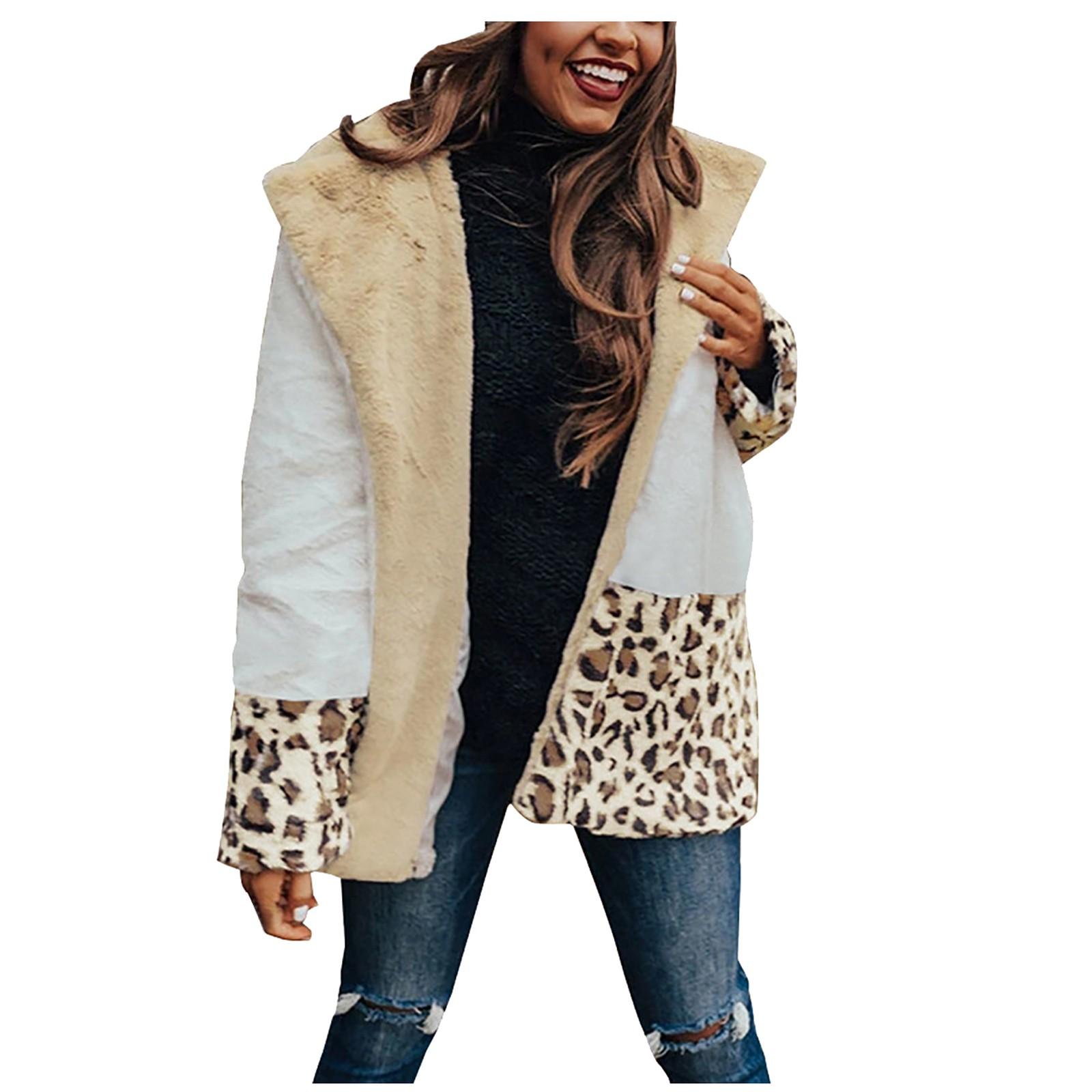 

(SU)Мода Женщины Свободный Лацкан Утолщенный Плюшевый Лоскутное Одеяло Леопардовый Принт Длинный Рукав Куртка