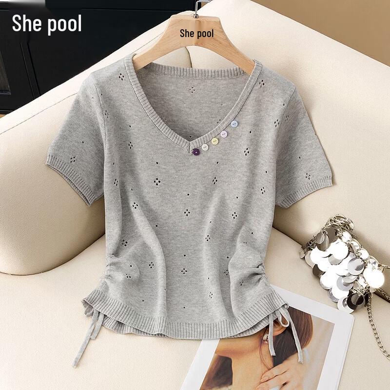 Women s V-Neck Drawstring Waist Short Sleeve Knit Top M
