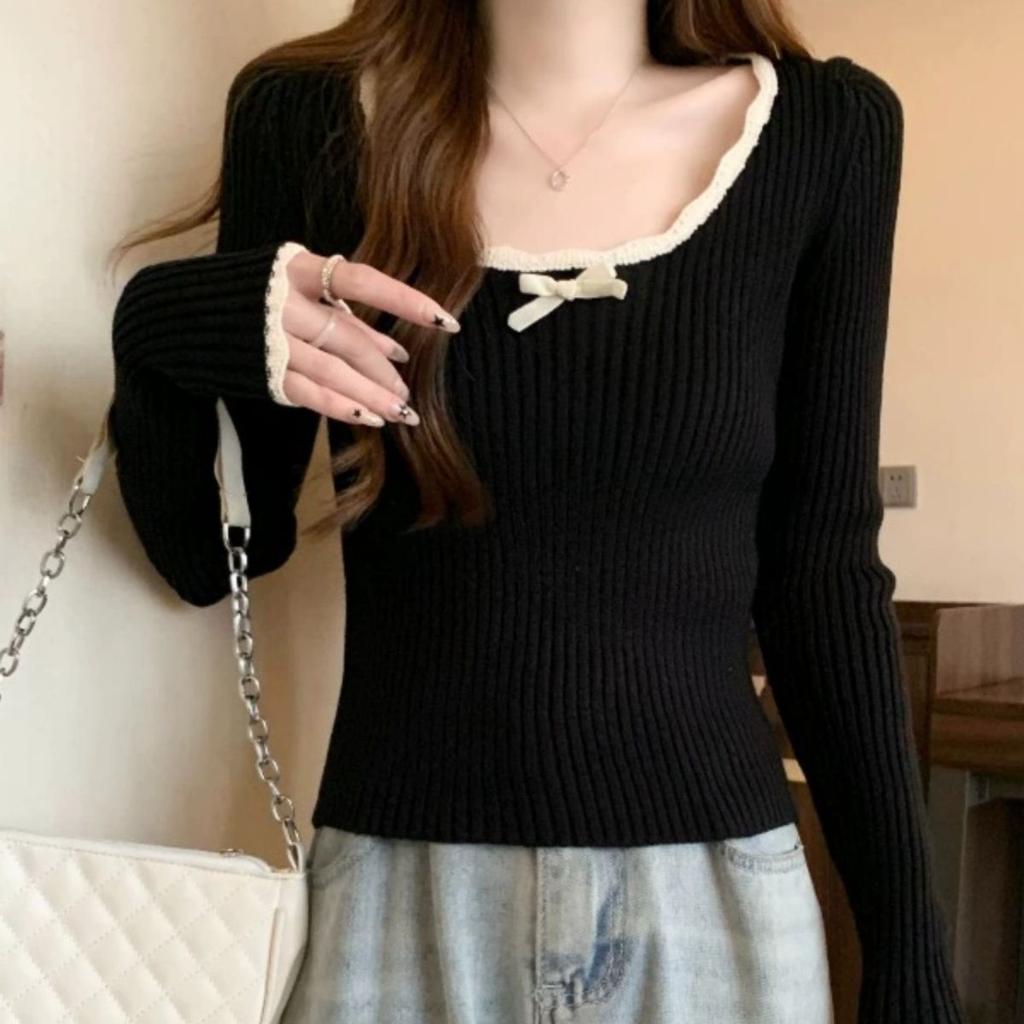 Early Autumn Korean Sweet Age-reducing Patchwork Lace Trim Long Sleeve Knit Base Layer Women's Versatile Slim Fit Top Trendy