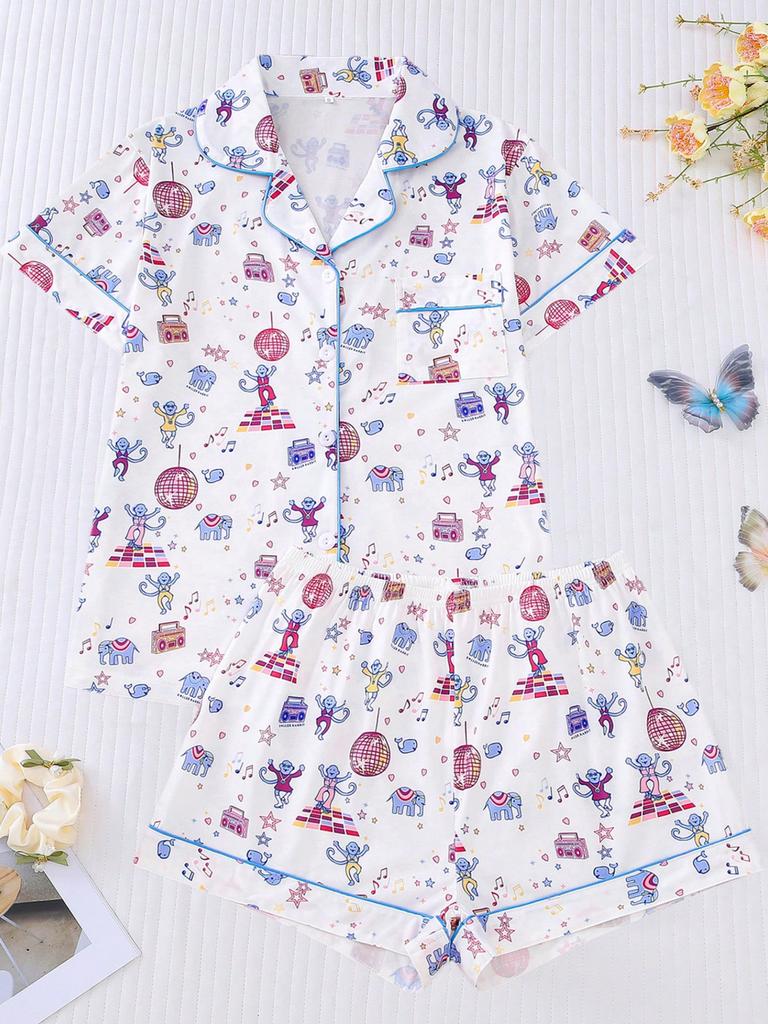 New Women's Pajamas Printed Lapel Collar Short-sleeved Shorts European and American Loungewear Cardigan Loose and Comfortable
