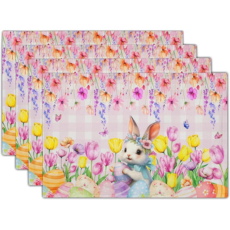 Easter Bunny Placemats Watercolor Floral Table Decor Non-Slip Heat Resistant Dinner Mat Spring Holiday Home Decor Tableware Pad