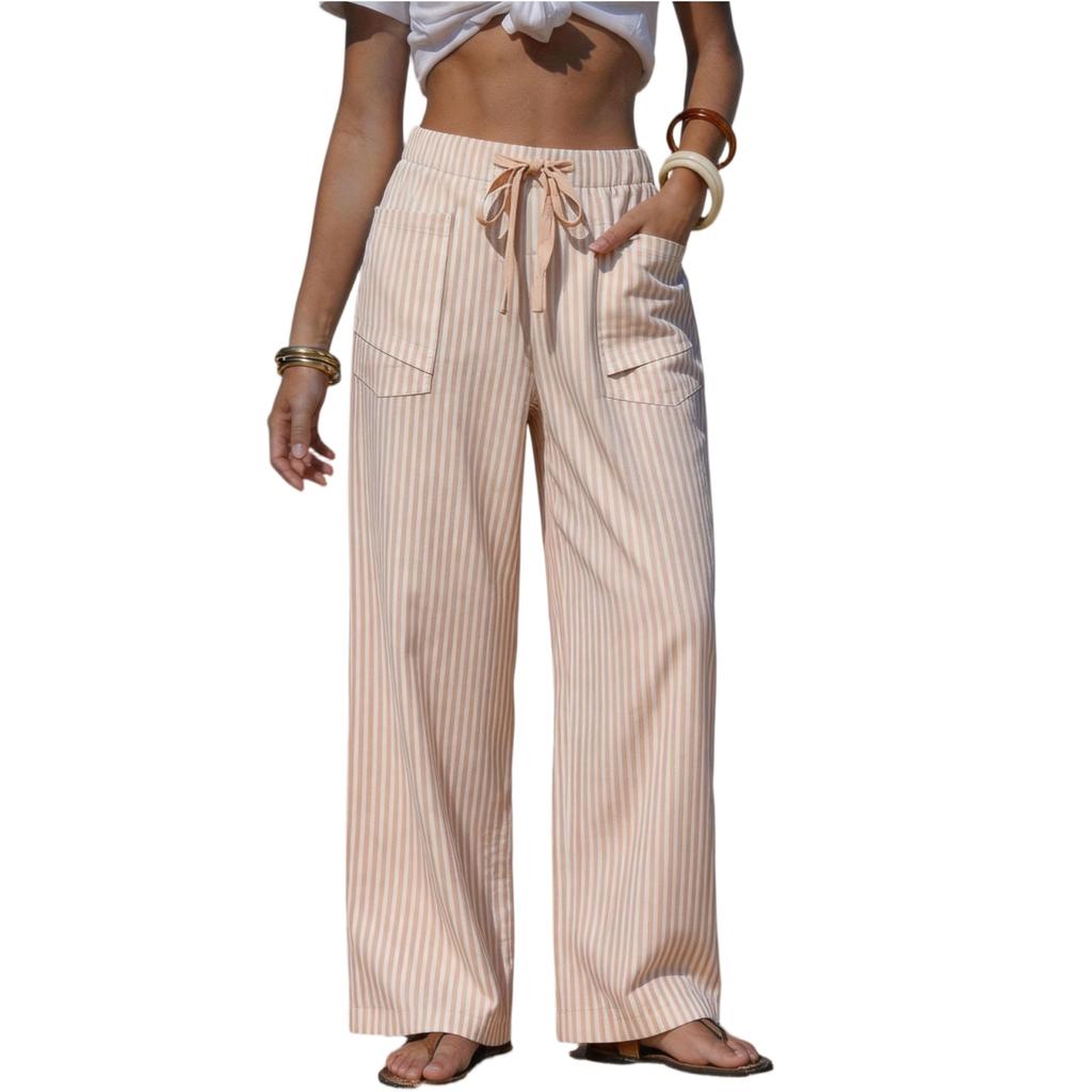 Women's Casual Wide Leg Pants Striped Drawstring Waistband with Pockets Lightweight Comfortable Loose Fit Trousers for Daily Wear