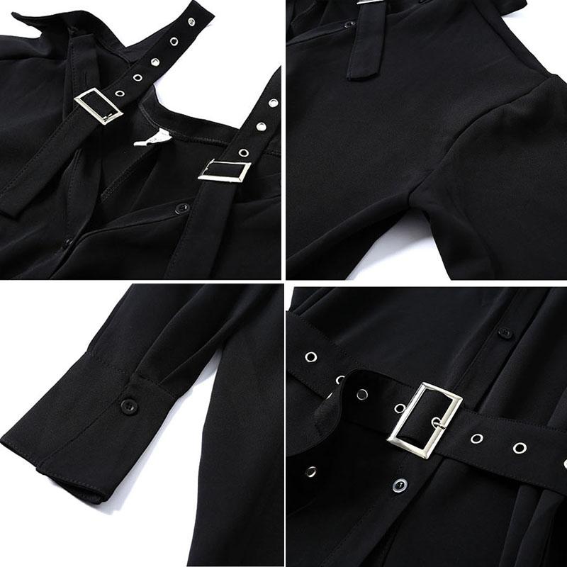 Rochie Gotică Neagră Cămașă Sexy Rochii Mini cu Curea Vară Punk Mânecă Lungă Bretea Umeri Goi Haine Femei Petrecere Vestidos