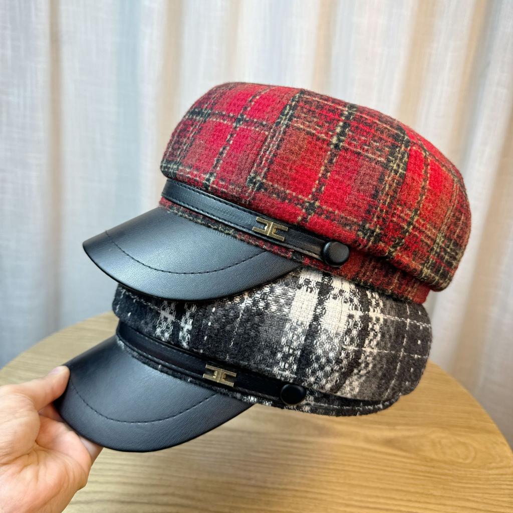 Octagonal Hat Women's Autumn and Winter Retro British Plaid Woolen Beret Versatile Newsboy Hat Trend
