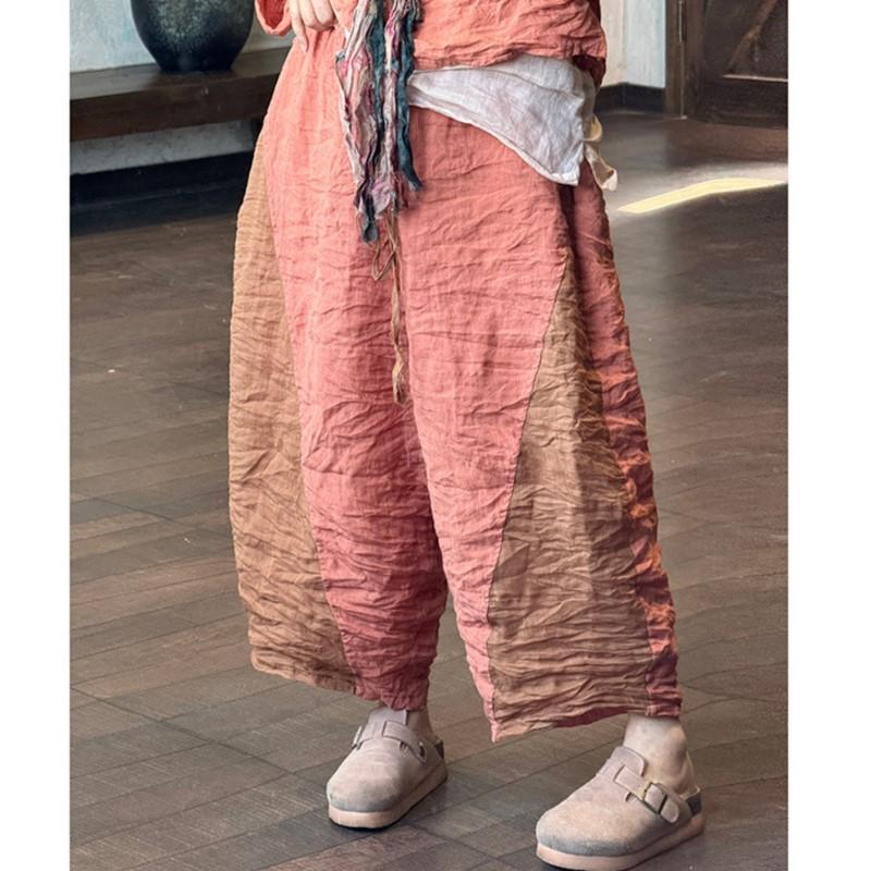 

Johnature Женские винтажные брюки пэчворк цвета с широкими штанинами, эластичной талией, летние повседневные брюки до середины икры One Size