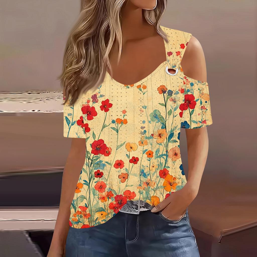 Sexy Cold Sholuder Tops For Women  Summer Hollow Out Eyelet Short Sleeve Blouse Loose V Neck Tshirt Trendy Casual Tunics