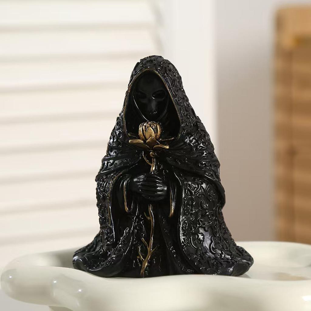 Black Resin Grim Figurine Holding Golden Flower - Gothic Home Decoration