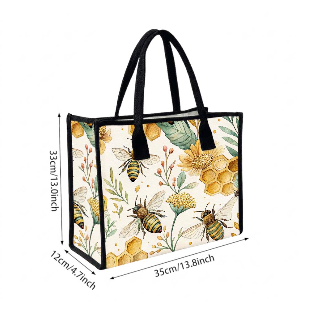 Honey Bee Floral Print Tote Bag Fashion Casual Daily Carry Bag Cute Shoulder Bag for Women Outdoor Shopping