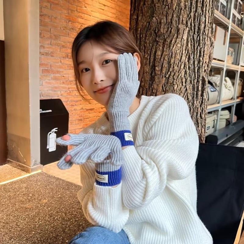 Womens Warm Knitted Full Finger Gloves Outdoor Riding Touchable Screen Colorblock Letters Label Decor Thermal Mittens