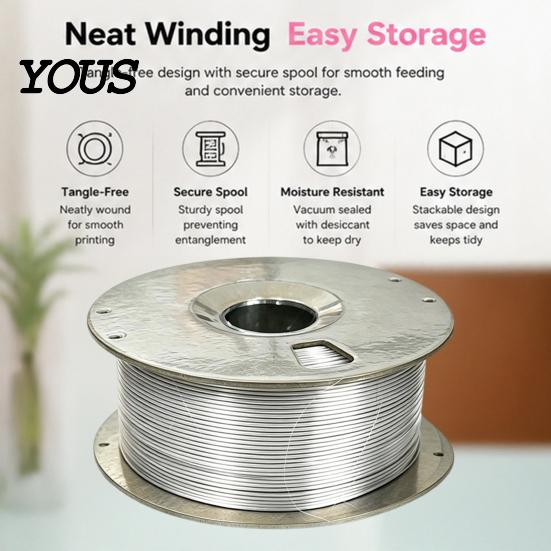 Metallic Silk Filament 1.75mm Silver PLA for 3D Printer, 1kg Spool Beginner Friendly Shiny Filament, Neatly Wound DIY Models Printing